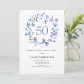 50e anniversaire Blue Floral Aquarelle Invitation (Debout devant)