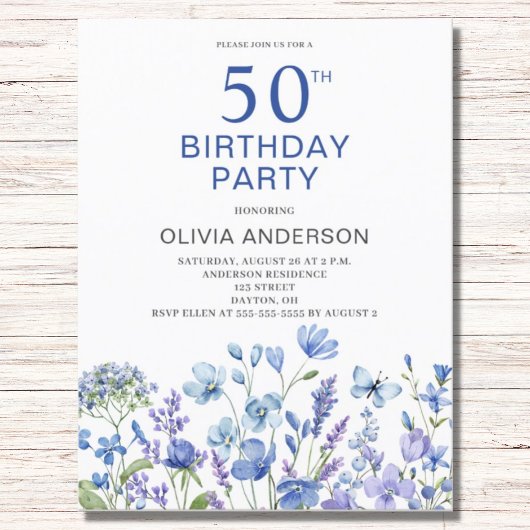 50e anniversaire Blue Floral Invitation