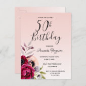50e anniversaire bourgogne rose invitation florale (Devant / Derrière)