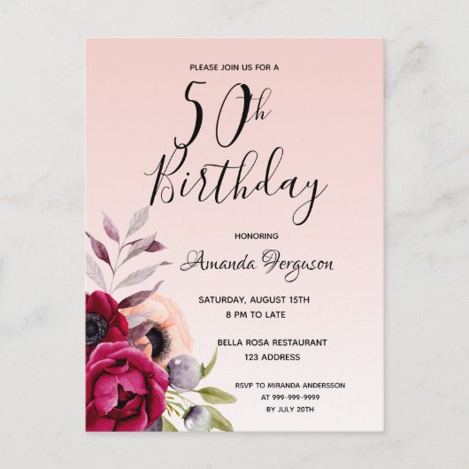 50e anniversaire bourgogne rose invitation florale (Devant)