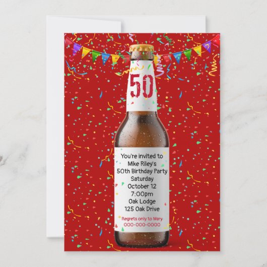 50e Anniversaire Bouteille De Bière Sur Carte Roug (Devant)