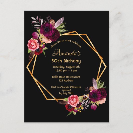 50e anniversaire burgundy floral noir invitation (Devant)