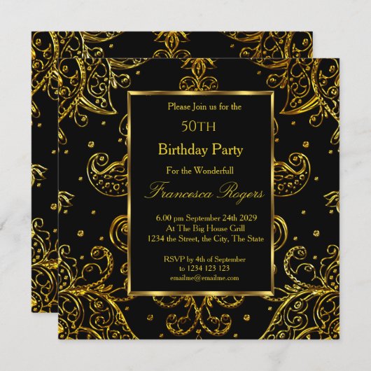 50e anniversaire de luxe Gold Black Invitation (Devant / Derrière)