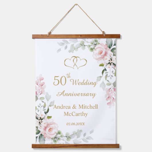 50e anniversaire de Mariage Rose Coeurs Tapisserie (Recto)