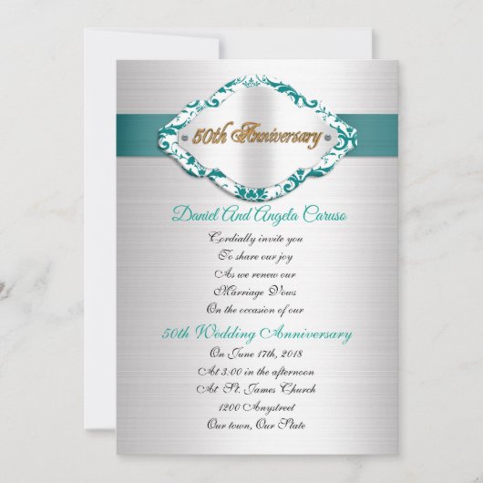 50e anniversaire du Mariage Invitation satin turqu (Devant)