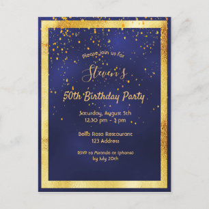 50e anniversaire fête bleu or confetti invitation