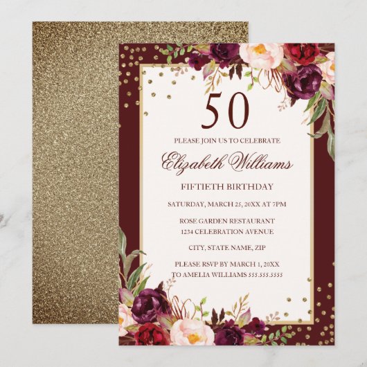 50e anniversaire Gold Bourgogne Floral Invitation (Devant / Derrière)