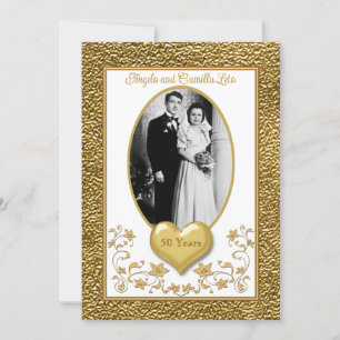 50e anniversaire, Gold Heart Invitation - Blanc