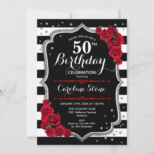 50e anniversaire Invitation Black White Stripes Ro (Devant)
