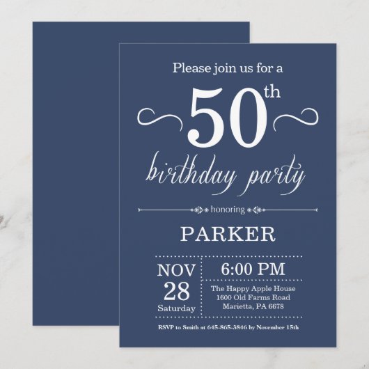 50e anniversaire Invitation Bleu (Devant / Derrière)