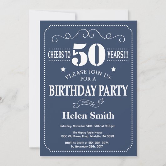 50e anniversaire Invitation Bleu et blanc (Devant)