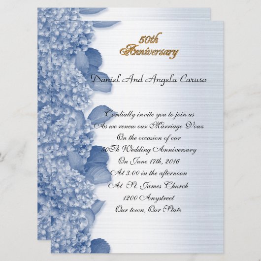 50e anniversaire invitation bleu hydrangée (Devant / Derrière)