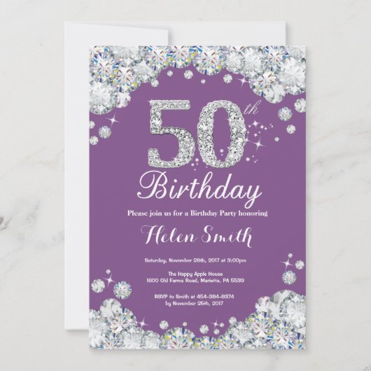 50e anniversaire Invitation Diamant violet et arge (Devant)