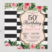50e anniversaire Invitation Femmes. Or floral noir (Devant / Derrière)