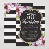 50e anniversaire Invitation Femmes. Or floral noir (Devant / Derrière)
