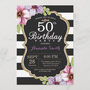 50e anniversaire Invitation Femmes. Or floral noir