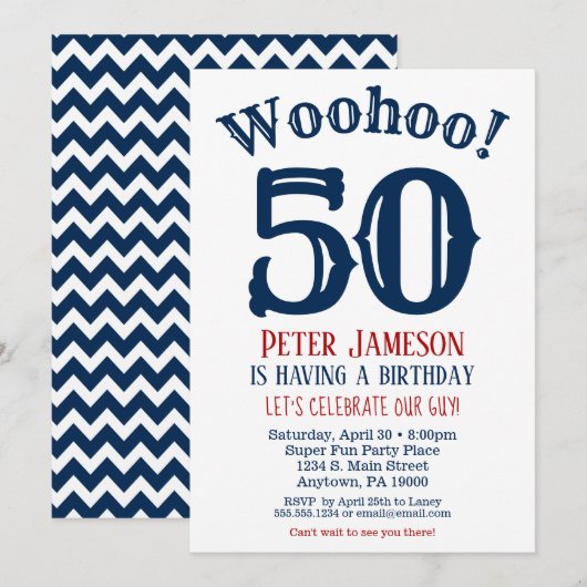 50e anniversaire Invitation Mens Marine Bleu (Devant / Derrière)