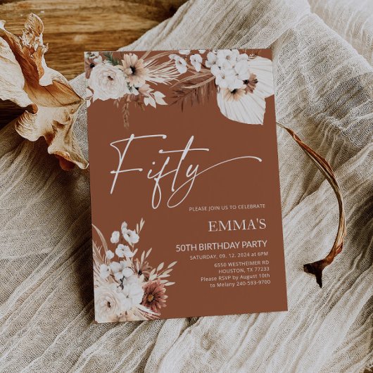 50e anniversaire Invitation Terracotta Boho Pampas