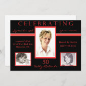 50e anniversaire Invitations photo triples Noirs e (Devant / Derrière)