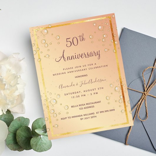 50e anniversaire mariage invitation bulles d'or