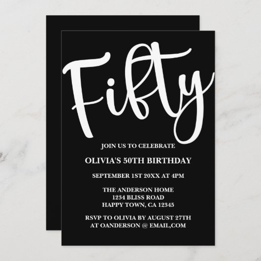 50e anniversaire moderne Invitation noir et blanc (Devant / Derrière)