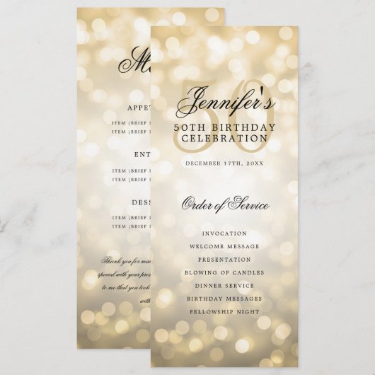 50e Anniversaire Programme Gold Bokeh Menu+Merci (Devant / Derrière)