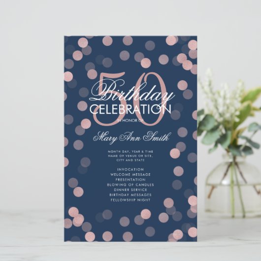 50e anniversaire Programme Rose Gold Confetti Menu (Debout devant)