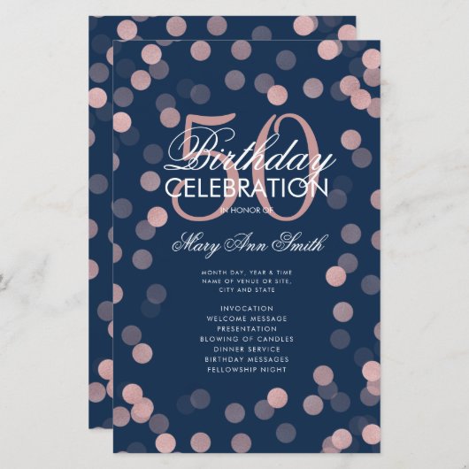 50e anniversaire Programme Rose Gold Confetti Menu (Devant / Derrière)