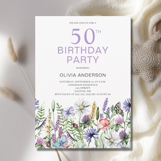 50e anniversaire Purple Floral Invitation botaniqu