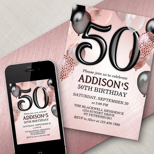 50e anniversaire Rose Gold Ballons Invitation