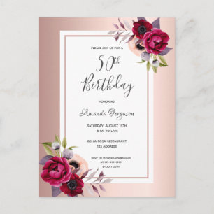 50e anniversaire rose or burgundy invitation flora