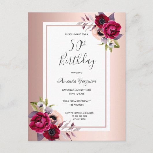 50e anniversaire rose or burgundy invitation flora (Devant)