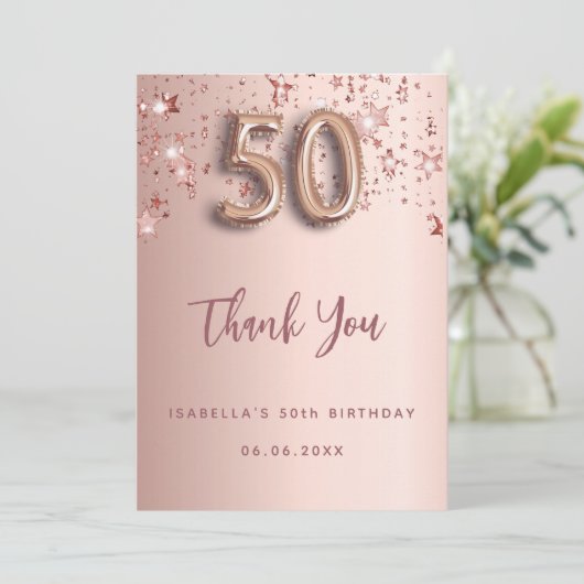 50e anniversaire rose or étoiles carte de remercie (Debout devant)