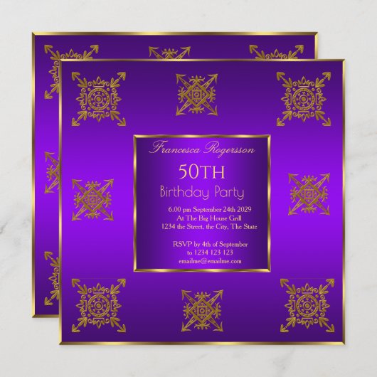 50e Anniversaire Soirée Gold Purple Invitation (Devant / Derrière)