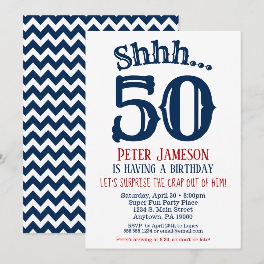 50e Anniversaire Surprise Invitation Homme Marine (Devant / Derrière)
