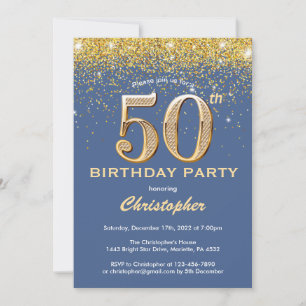50e Birthday Blue en Gold Glitter Confetti Kaart