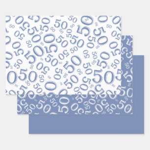 50e Birthday Blue & White Random Number Pattern Inpakpapier Vel