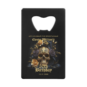 50E BIRTHDAY GOLD SKULL ROOS HALLOWEEN PARTIJ KREDIETKAART FLESSENOPENER
