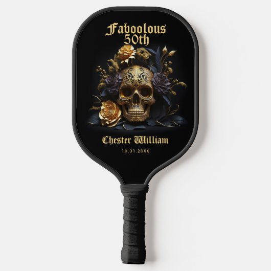 50E BIRTHDAY GOLD SKULL ROOS HALLOWEEN PICKLEBALL PADDLE (Achterkant)