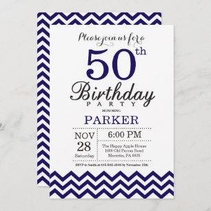 50e Birthday Invitation Navy Blue Chevron Kaart