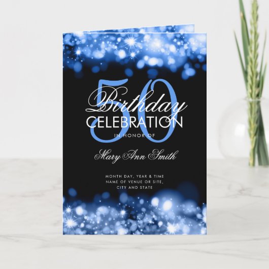 50e Birthday Party Program Menu Lights Navy (Voorkant)