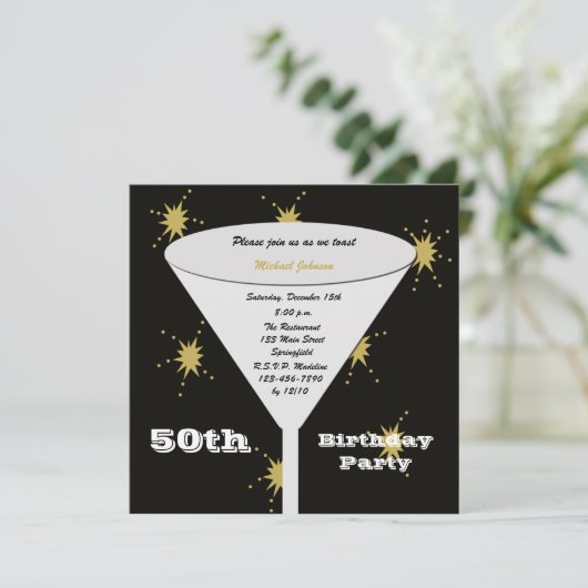 50e BIrthday Party uitnodiging Goud 50e Toast (Staand voorkant)