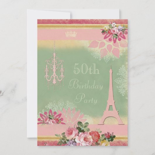 50e Birthday Pink Eiffel Tower en Chandelier Kaart (Voorkant)