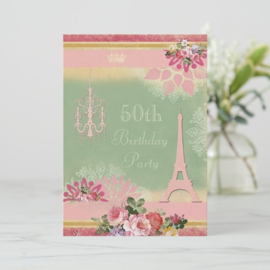 50e Birthday Pink Eiffel Tower en Chandelier Kaart (Staand voorkant)