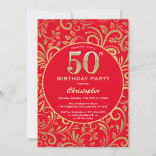 50e Birthday Red en Gold Floral Pattern Kaart