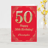 50e Birthday Red en Gold Glitter Lijst Kaart (Gele Bloem)