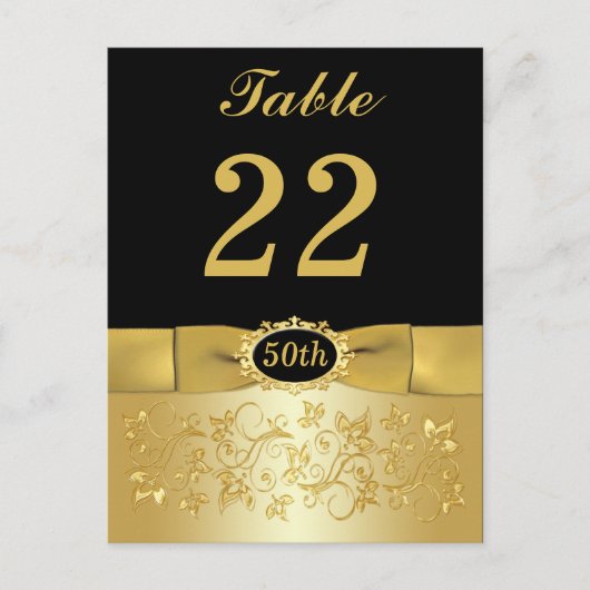 50e Black Gold Floral Numéro de table Carte postal (Devant)