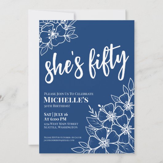 50e blauwe verjaardagsfeestje kaart (Voorkant)