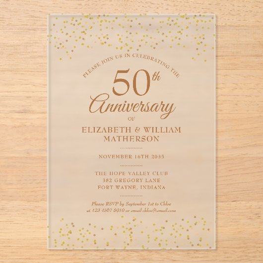 50e bruiloft Jubileum Confetti Gold Dust Acryl Uitnodigingen (Voorkant)