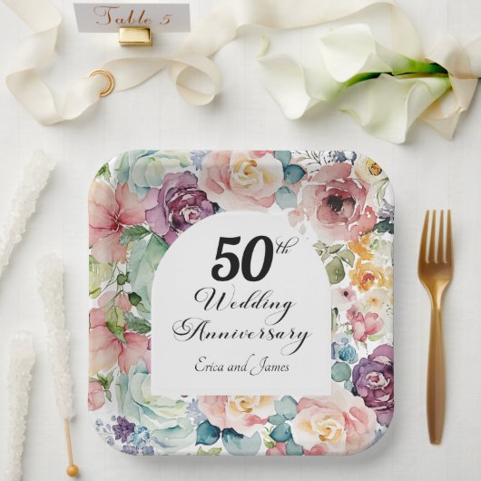 50e bruiloft Jubileum Elegant Script Floral Papieren Bordje (Huwelijk)